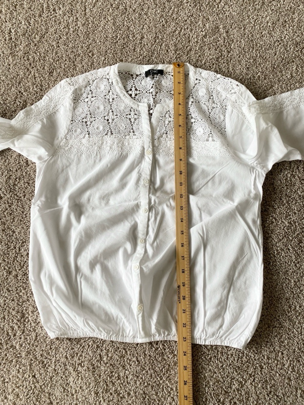 Chic by Jacob White Lace Detail Button Front Blouse 3/4 Sleeve Sz M - Picture 12 of 13